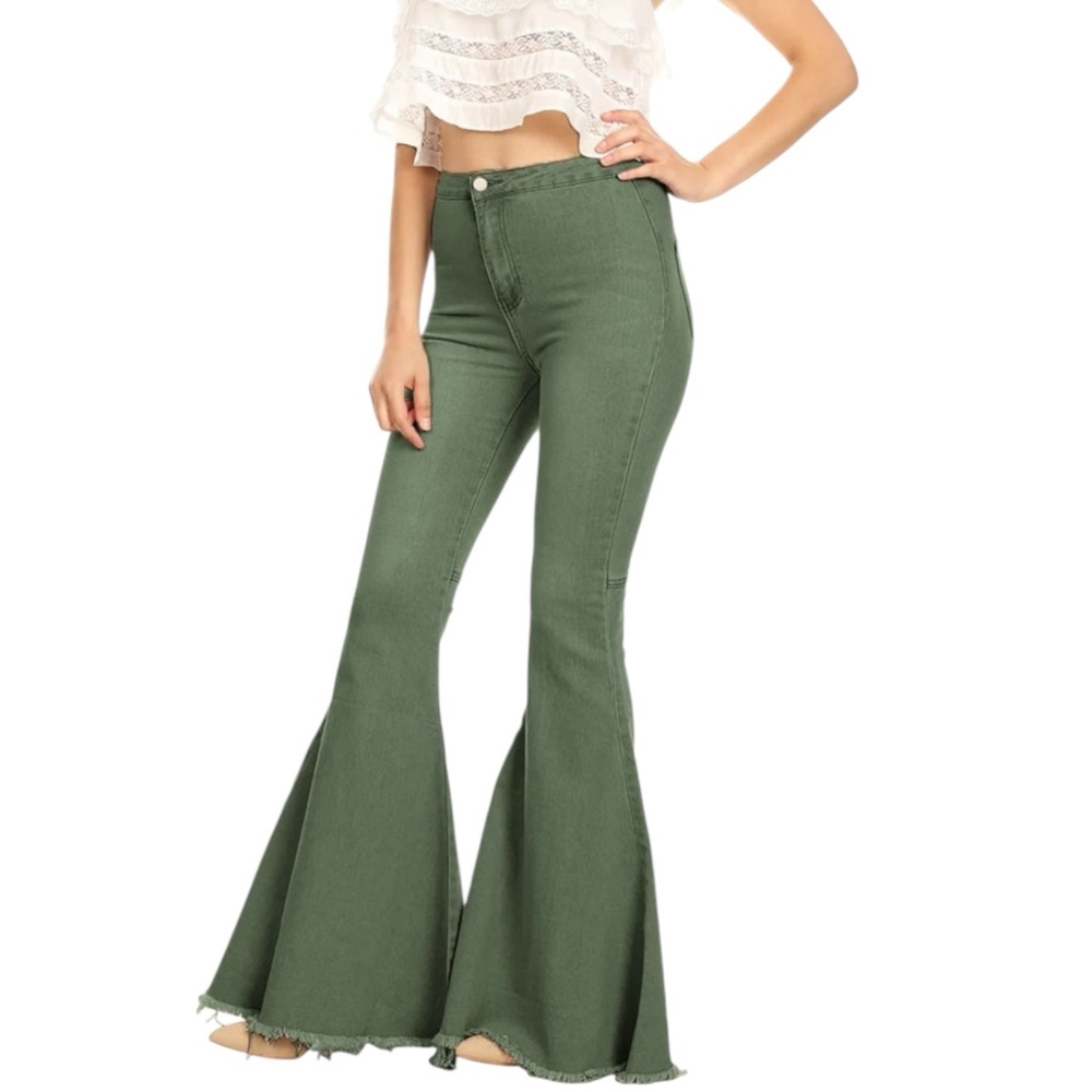 Anna-Kaci Olive Green Flared Bell Bottom Jeans Size Small